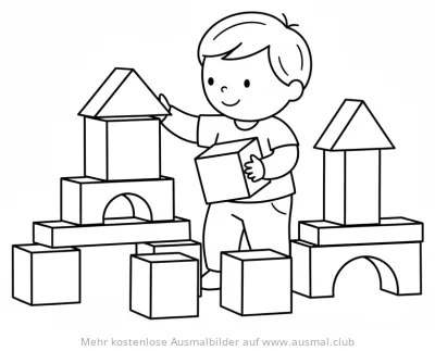 Junge spielt mit Bausteinen Ausmalbild