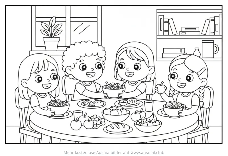 Vier Kinder beim gemeinsamen Essen am Tisch Ausmalbild