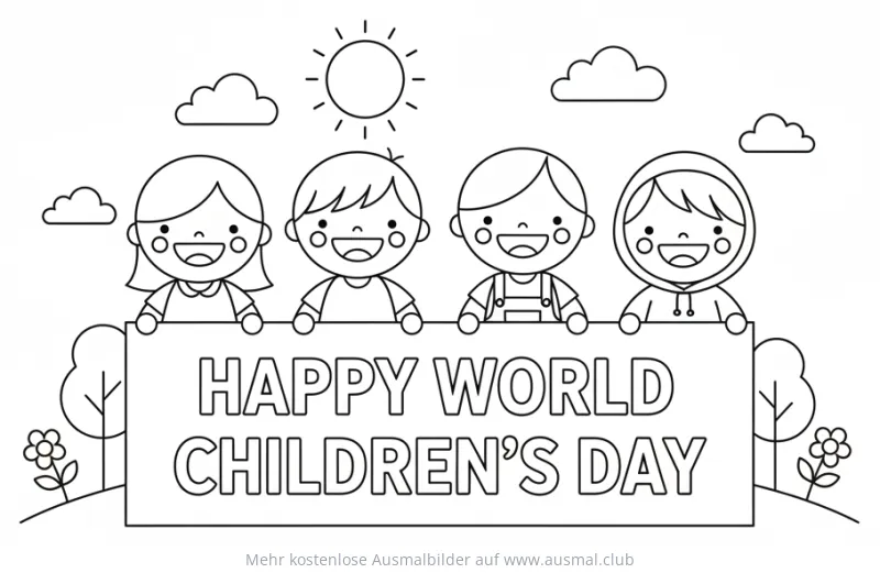 Weltkindertag Banner mit fröhlichen Kindern Ausmalbild