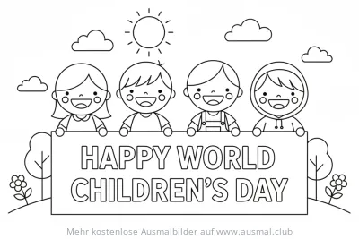 Weltkindertag Banner mit fröhlichen Kindern Ausmalbild