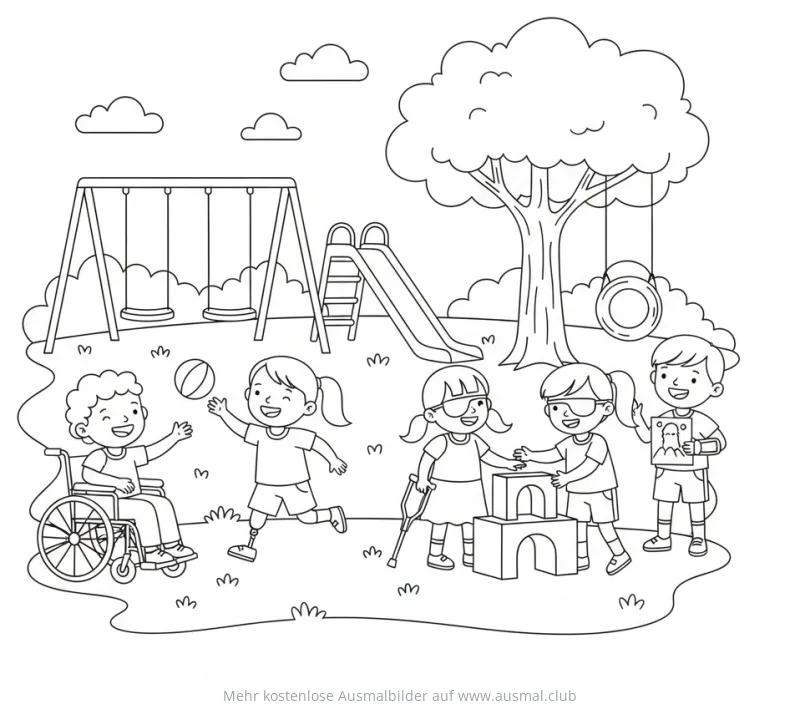 Kinder mit und ohne Behinderung spielen zusammen auf einem Spielplatz Ausmalbild