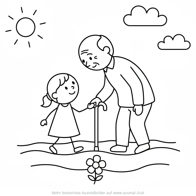 Kind hilft Opa mit Gehstock Ausmalbild