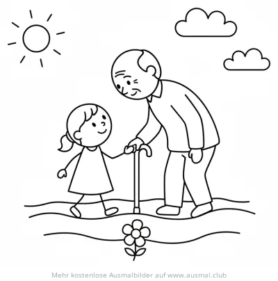 Kind hilft Opa mit Gehstock Ausmalbild