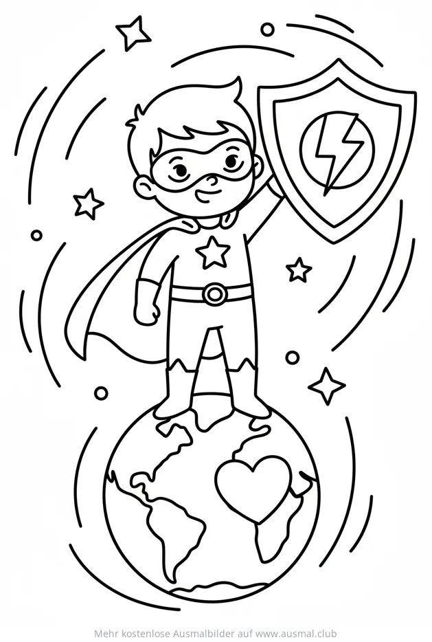 Superheld auf Erde mit Schild Ausmalbild