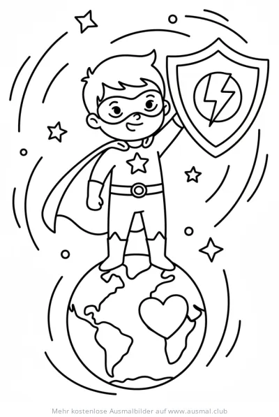 Superheld auf Erde mit Schild Ausmalbild