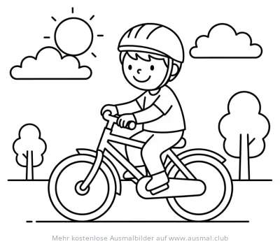 Kind mit Helm auf Fahrrad Ausmalbild