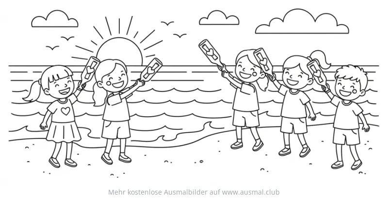 Kinder mit Flaschenpost am Strand Ausmalbild