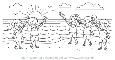 Kinder mit Flaschenpost am Strand Ausmalbild