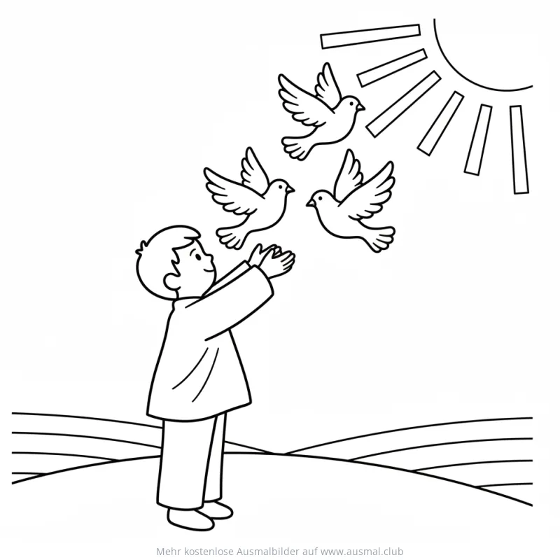 Junge lässt drei Tauben in den Himmel fliegen Ausmalbild
