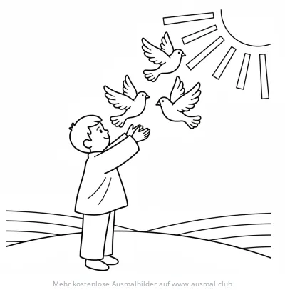 Junge lässt drei Tauben in den Himmel fliegen Ausmalbild
