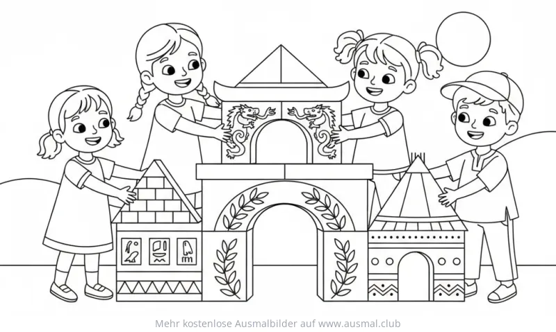 Kinder bauen Brücke Ausmalbild mit Elementen verschiedener Kulturen