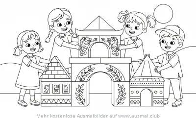 Kinder bauen Brücke Ausmalbild mit Elementen verschiedener Kulturen