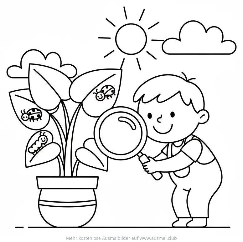 Junge untersucht Pflanze mit Lupe, Marienkäfer und Raupe Ausmalbild