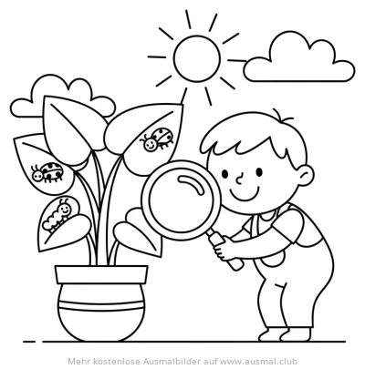 Junge untersucht Pflanze mit Lupe, Marienkäfer und Raupe Ausmalbild