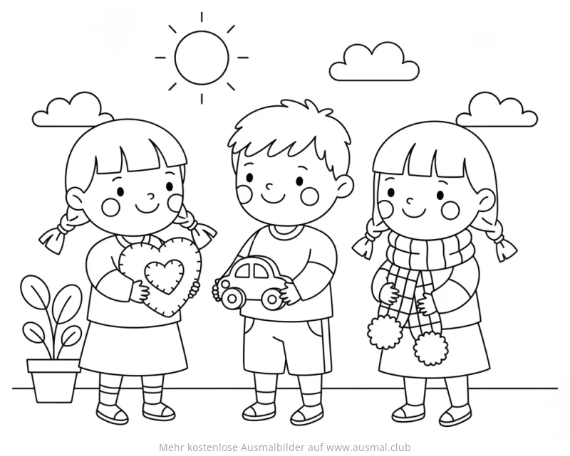 Geschenke tauschen Ausmalbild zum Weltkindertag