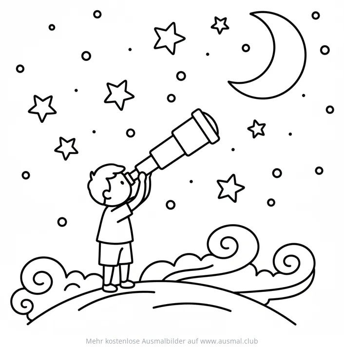 Kind mit Teleskop beobachtet Sterne Ausmalbild