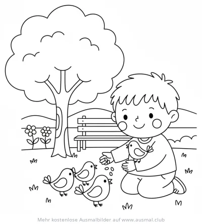 Junge füttert Vögel Ausmalbild