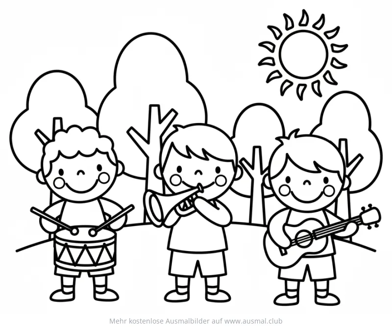 Fröhliche Kinder mit Musikinstrumenten Ausmalbild