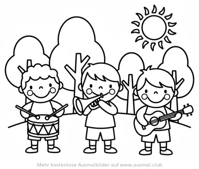 Fröhliche Kinder mit Musikinstrumenten Ausmalbild