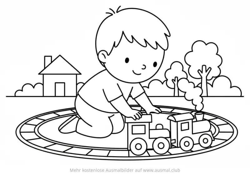 Junge spielt mit Spielzeug Zug Ausmalbild