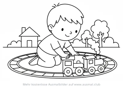Junge spielt mit Spielzeug Zug Ausmalbild