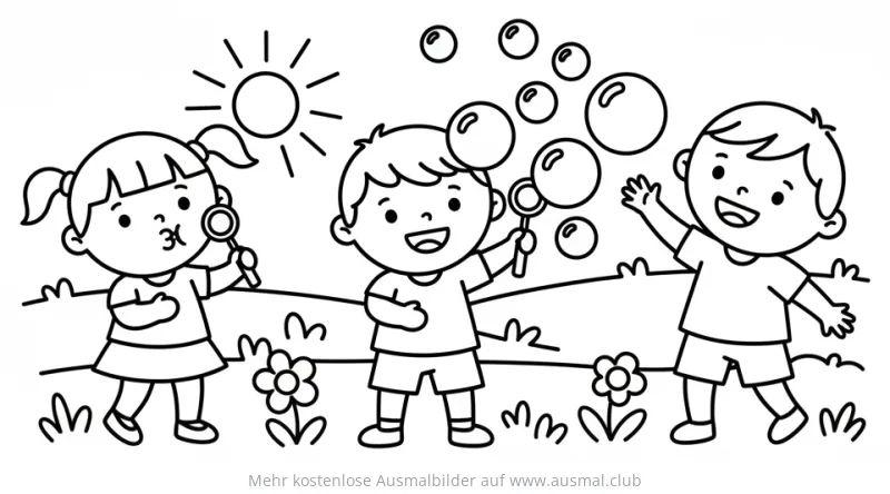Kinder machen Seifenblasen Ausmalbild