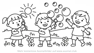 Kinder machen Seifenblasen Ausmalbild