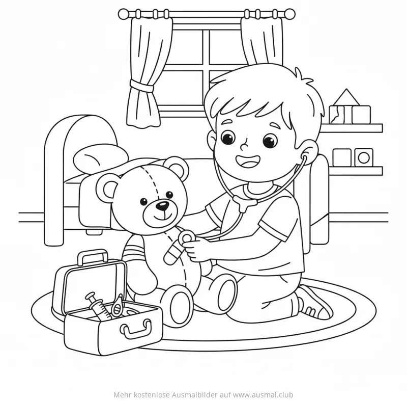Junge untersucht Teddy mit Stethoskop, Arztkoffer Ausmalbild