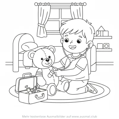 Junge untersucht Teddy mit Stethoskop, Arztkoffer Ausmalbild
