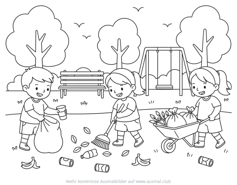 Kinder räumen Park auf Ausmalbild