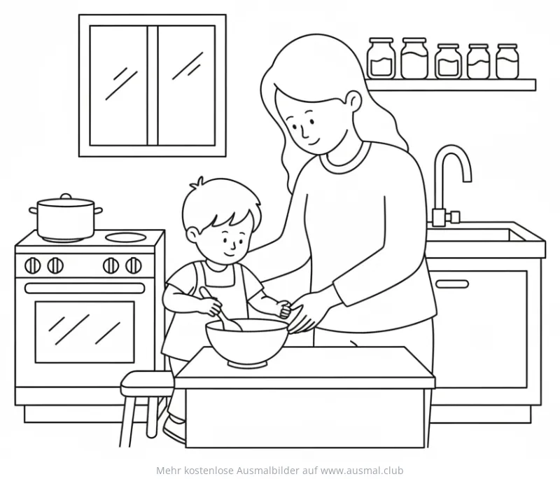 Mutter und Sohn kochen zusammen Ausmalbild