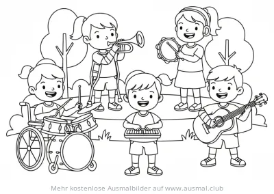 Musikband mit Kindern und verschiedenen Instrumenten Ausmalbild