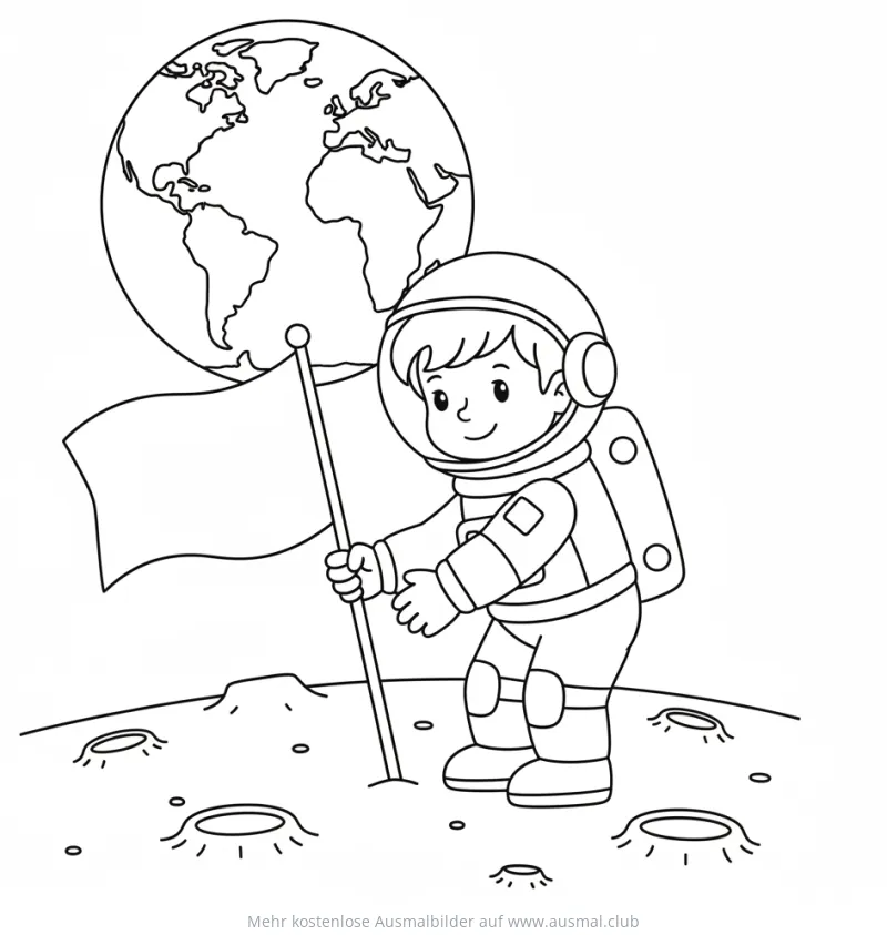 Astronaut mit Flagge auf dem Mond Ausmalbild
