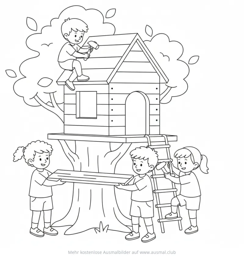 Kinder bauen Baumhaus Ausmalbild