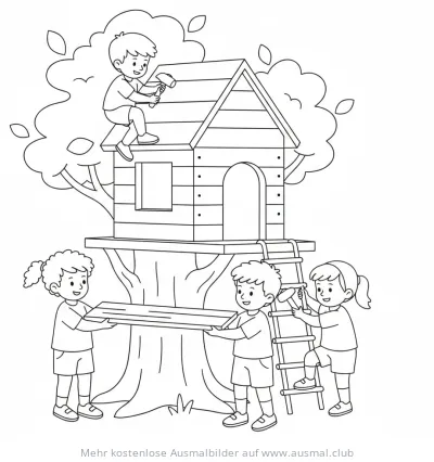 Kinder bauen Baumhaus Ausmalbild