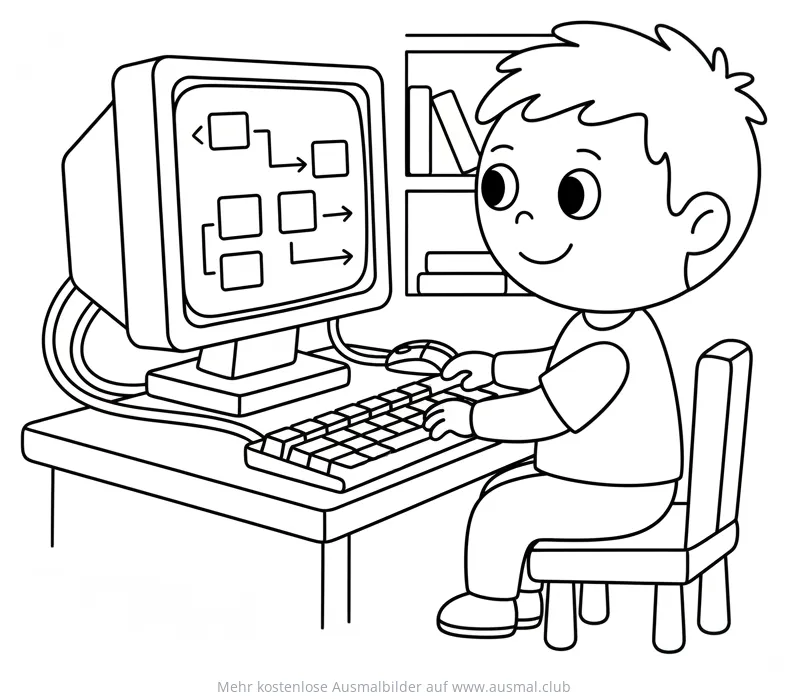 Junge programmiert am Computer Ausmalbild