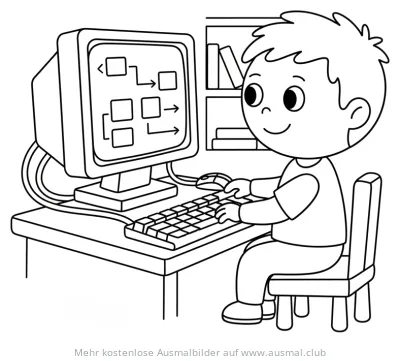 Junge programmiert am Computer Ausmalbild