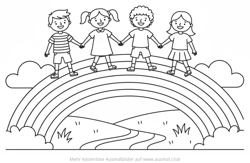 Vier Kinder auf einem Regenbogen Ausmalbild