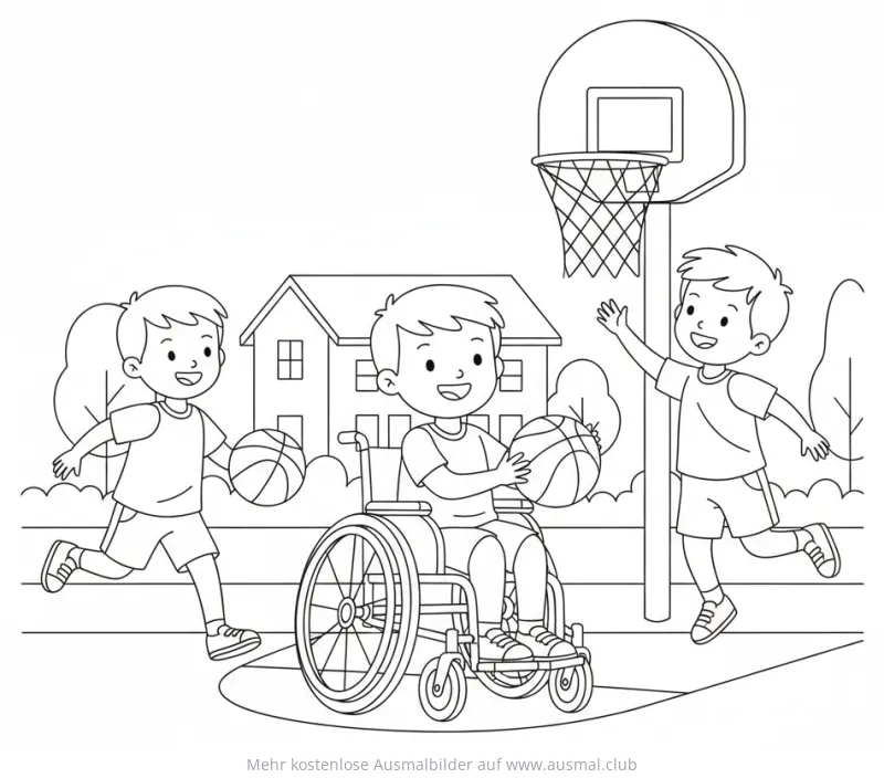 Rollstuhl-Basketball Ausmalbild mit Kindern