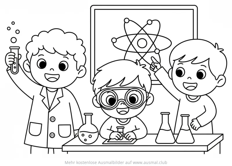 Drei Kinder experimentieren im Labor Ausmalbild