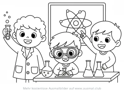 Drei Kinder experimentieren im Labor Ausmalbild