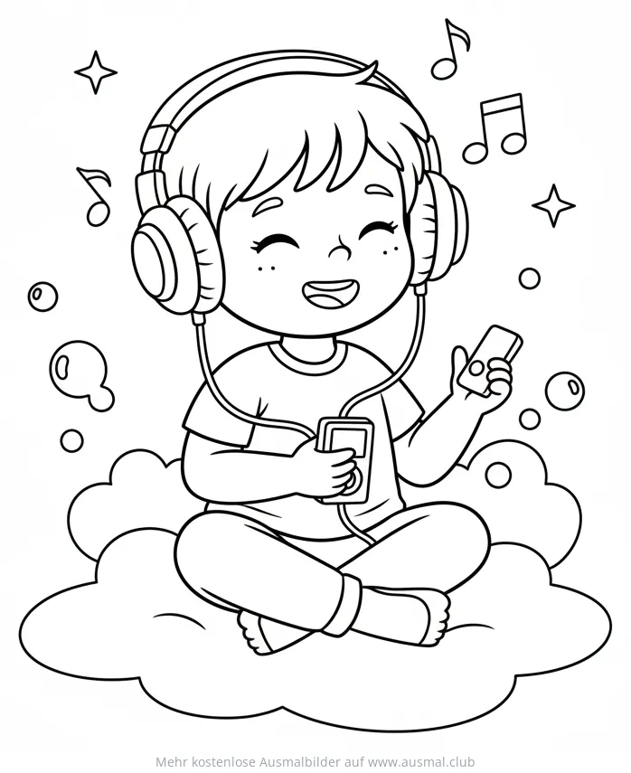 Junge mit Hörgerät und Kopfhörer auf Wolke Ausmalbild