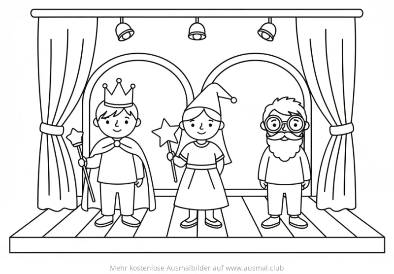 Theater Szene mit König, Fee und Mann Ausmalbild