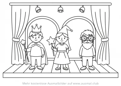 Theater Szene mit König, Fee und Mann Ausmalbild
