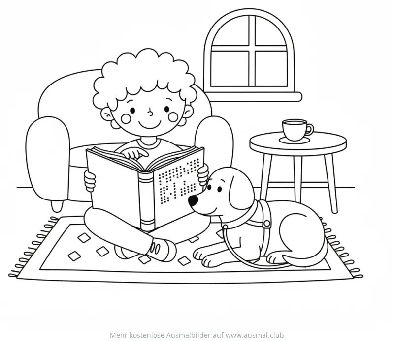 Junge liest Buch in Blindenschrift mit Blindenhund Ausmalbild