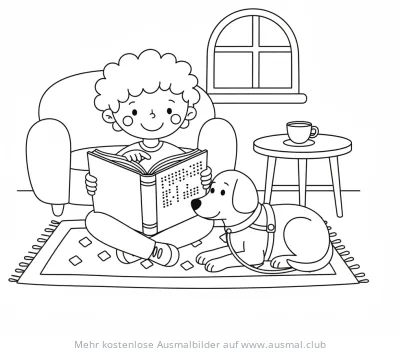 Junge liest Buch in Blindenschrift mit Blindenhund Ausmalbild
