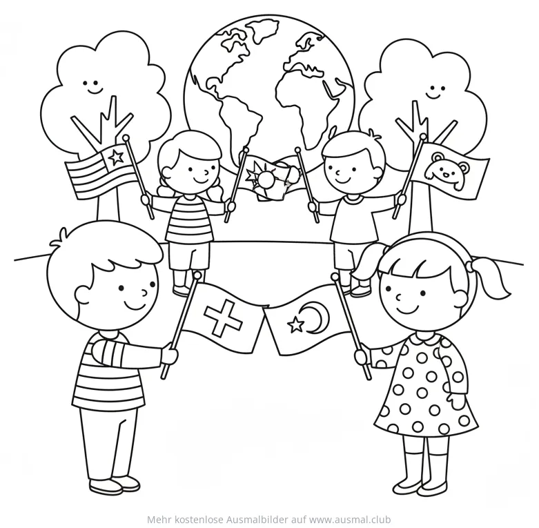 Weltkindertag Ausmalbild mit Kindern und Flaggen