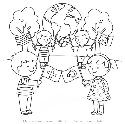 Weltkindertag Ausmalbild mit Kindern und Flaggen