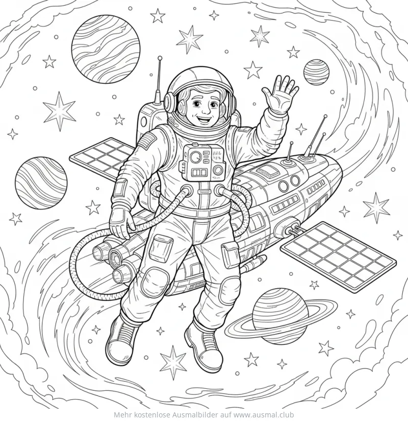 Astronaut winkt vor Raumstation und Planeten Ausmalbild