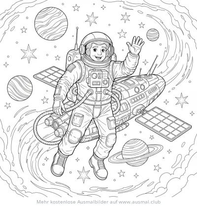 Astronaut winkt vor Raumstation und Planeten Ausmalbild